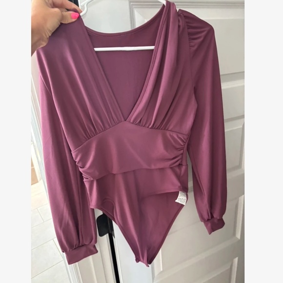 Dusty Mauve Elegant V neck Bodysuit Long Bishop Sleeves Stretchy Ruched Waist - Picture 8 of 10